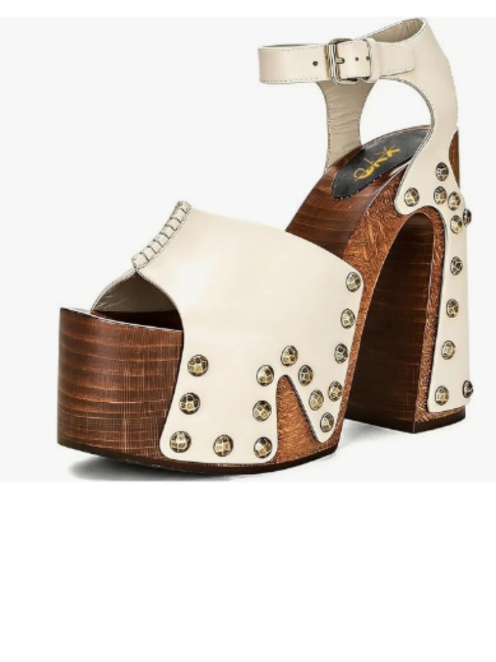 XYD White Wooden Block Heeled Sandals Platform Bronzed Studs Open Toe Shoe